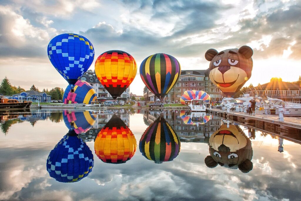 Hot air balloons ascending over Bay Harbor